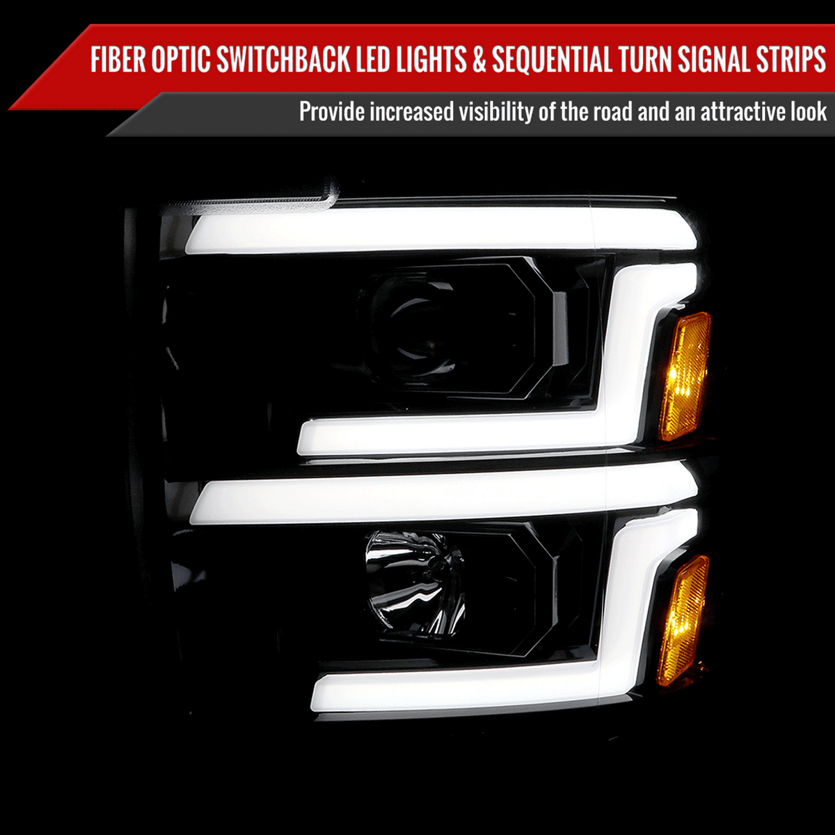 2014-2015 Chevy Silverado 1500 Headlights – Black Housing Projector LED DRL Strip (Pair)