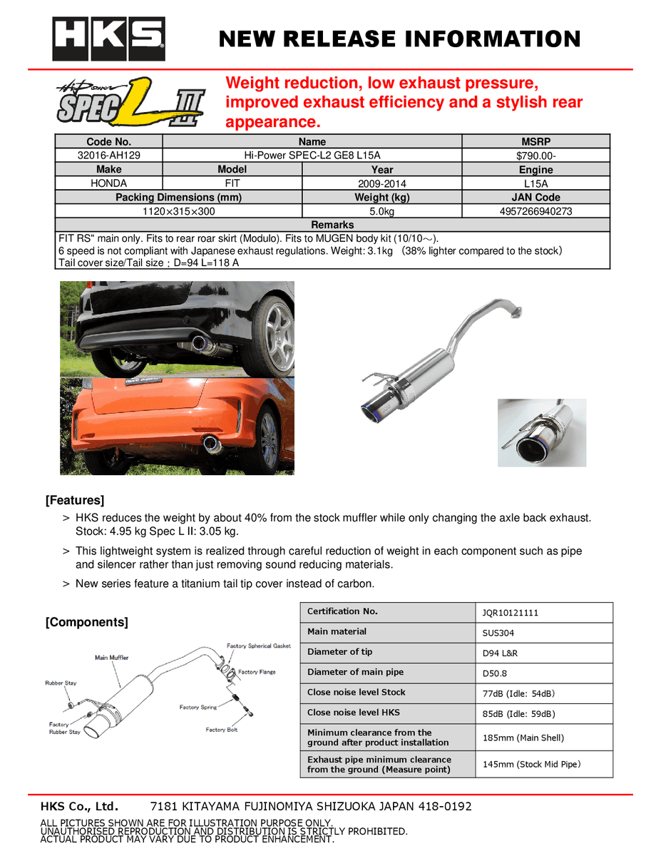 HKS Exhaust Honda Fit (20092014) HiPower Spec L II Axleback 32016
