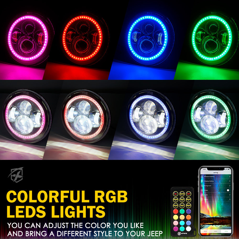 Xprite 7" LED RGB Halo Headlights Jeep Wrangler (19972018) w/ Daytime