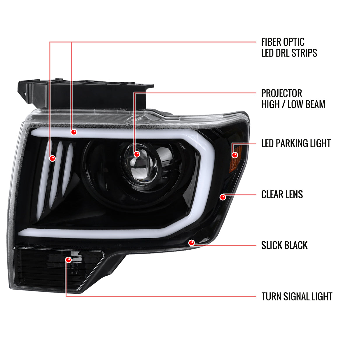 ブランド 新品 SPEC-D TUNING LEDライトバーブラックハウジングクリアレンズプロジェクターヘッドライト2009-2014年フォードF  150、左右ペアヘッドランプアッセンブリ対応