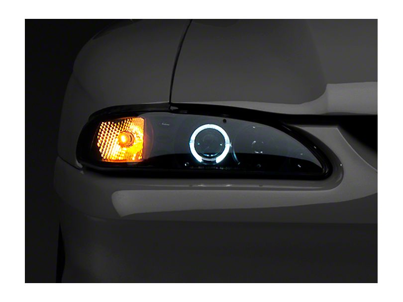 Dual Halo Projector Headlights For 1994-1998 Ford Mustang – Black Housing, LED Bar, Halogen Bulbs