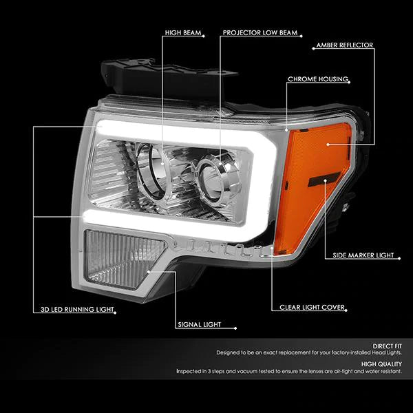 DNA Projector Headlights Ford F150 (09-14) w/ DRL LED Bar - Black