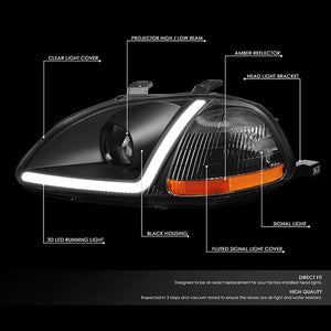 DNA Projector Headlights Honda Civic EK (96-98) w/ LED Bar - Black Housing / Clear Lens