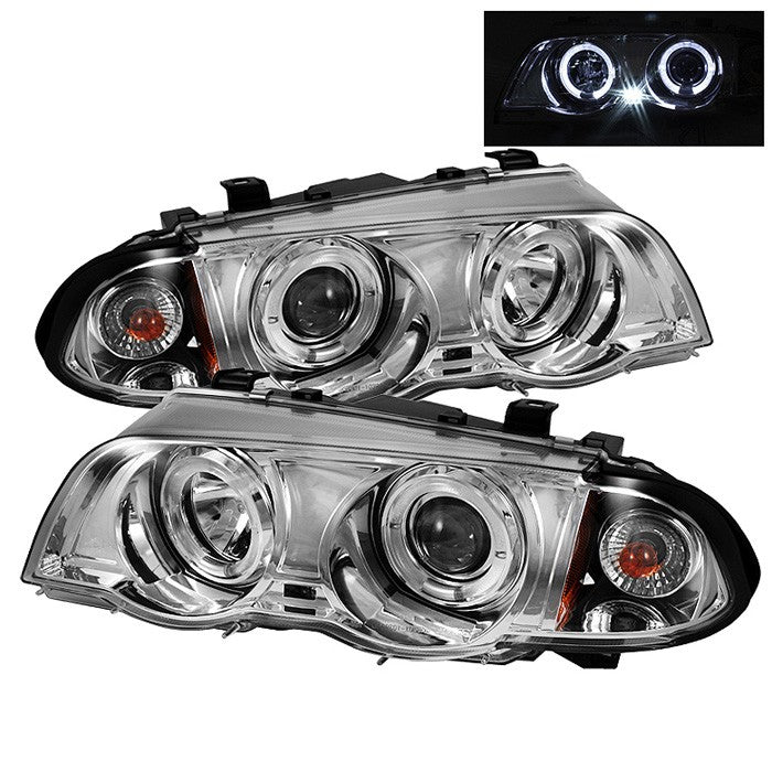 Spyder Projector Headlights BMW E46 Sedan (99-01) LED Halo - Amber  Reflector - Black Smoke