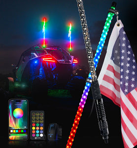 Xprite RGB LED Whip Lights w/ Spring Mount & U.S. Flag / Xprite Flag - Multiple Length Options