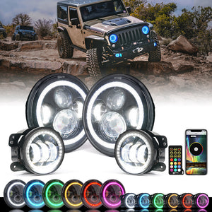 Xprite 7" RGB Headlight & Fog Light Jeep Wrangler JK (2007-2018) [Aura Series] w/ Halo Kit