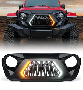 Xprite Front Grill Jeep Wrangler JK (2007-2018) JL (2018-2024) w/ LED Turn Signal Lights - Matte Black / Shark Grille