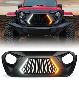 Xprite Front Grill Jeep Wrangler JK (2007-2018) JL (2018-2024) w/ LED Turn Signal Lights - Matte Black / Shark Grille