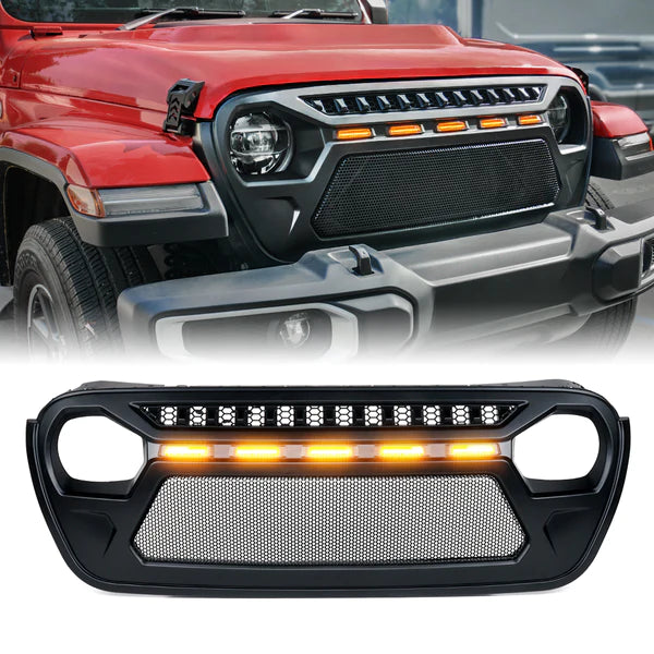 Xprite Grille Jeep Wrangler JL (18-23) Gladiator JT (20-23) w/ Amber L ...