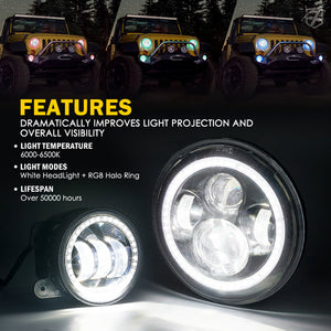 Xprite 7" RGB Headlight & Fog Light Jeep Wrangler JK (2007-2018) [Aura Series] w/ Halo Kit