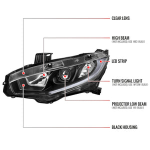 Spec-D Projector Headlights Honda Civic (2016-2021) OEM Factory Style w/ LED Strip
