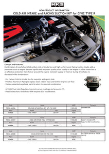 HKS Cold Air Intake Kit Honda Civic Type-R (2017-2020) w/ or w/o Air/Fuel Ratio Regulator