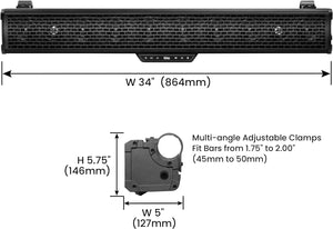 Boss Audio Systems 34" ATV / UTV Bar Mount Soundbar - IPX5 Rated Weatherproof / 8" Woofer/ 5.5" Speakers/ Amplified/ Bluetooth/ Built-in LED Lights BRT34A