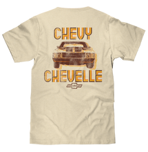 Load image into Gallery viewer, Chevy Chevelle Chevrolet Left Chest Front and Back Print Classic Car T-Shirt - Cream Alternate Image