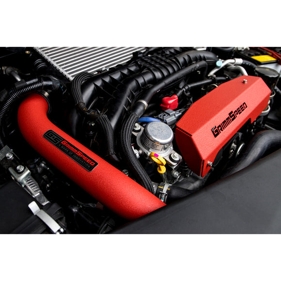 Red GrimmSpeed charge pipe installed on a 2015-2021 VA Subaru WRX