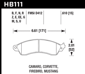 Hawk Black Brake Pads Chevy Camaro 2.8/ 3.1/ 5.0/ 5.7L Performance Package (1988-1992) Front Set HB111M.610