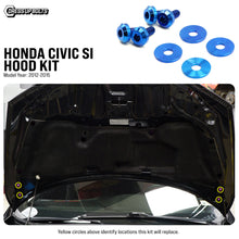 Load image into Gallery viewer, Fast Turn Fittings Hood Hardware Kit for Honda Civic Si FB6 (2012-2015) Titanium - Blue / Black / Gold / Polished / Purple / Cosmic Burn / Oil Slick Alternate Image