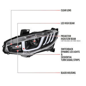 Spec-D Projector Headlights Honda Civic (2016-2021) LED Bar w/ Sequential Signal Chrome/Black
