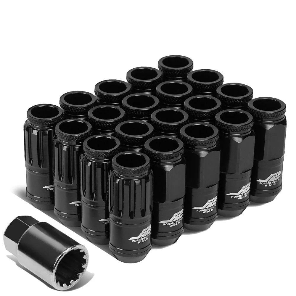 J2 Engineering Lug Nuts (M12 x 1.25) 16 Piece Set With Open Knurled End and Lock Nuts- Black / Blue / Red