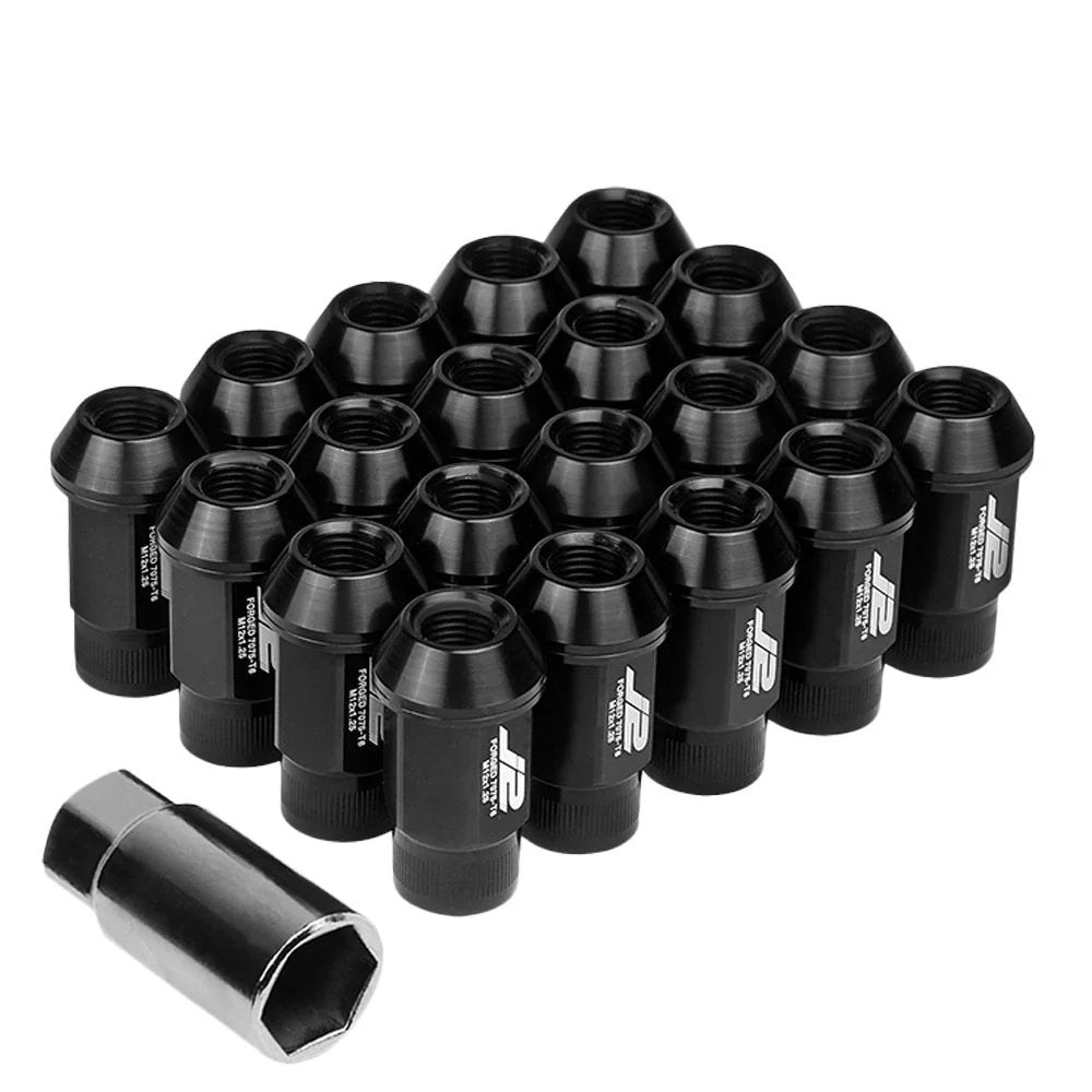 J2 Engineering Lug Nuts (M12 x 1.25) 20 Piece Set With Open Vertical Knurled Ring End - Black / Blue / Red