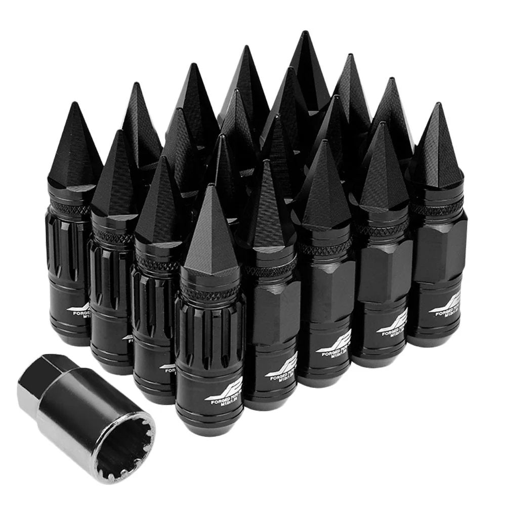 J2 Engineering Spike Lug Nuts (M12 x 1.25) 16 Piece Set With Open Knurled End and Lock Nuts- Black / Blue / Red