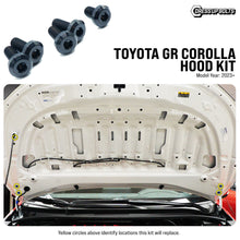 Load image into Gallery viewer, Fast Turn Fittings Hood Hardware Kit for Toyota GR Corolla (2023-2026) Titanium - Black / Blue / Cosmic Burn / Gold / Oil Slick / Polished / Purple Alternate Image