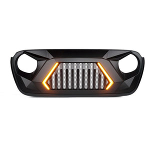 Xprite Front Grill Jeep Wrangler JK (2007-2018) JL (2018-2024) w/ LED Turn Signal Lights - Matte Black / Shark Grille