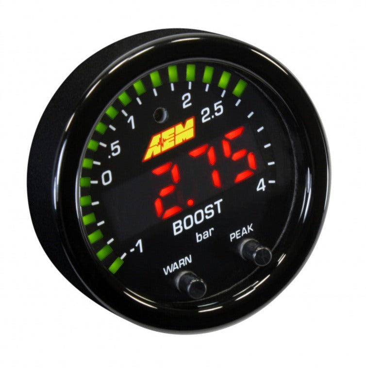 AEM 30-0308 X-Series Boost Pressure Gauge -30-60psi / -1-4bar Black Bezel & Black Faceplate