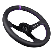 Load image into Gallery viewer, Black steering wheel with purple stitching on a dark background Alternate Image