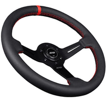 Load image into Gallery viewer, Black steering wheel with red stitching on a dark background Alternate Image