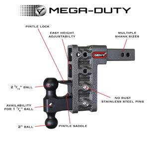 Gen-Y Hitch Mega Duty 21K Drop Hitch (2.5″ Offset Shank) 3″ Rise, 6″ Drop / 3″ Rise, 9″ Drop / 3″ Rise, 12″ Drop