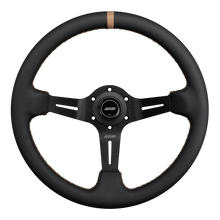Load image into Gallery viewer, DND Perforated Leather Race Wheel (75mm Deep, 350mm) 6 Bolt - Grey / Purple / Red / Black / Blue / Tan Alternate Image