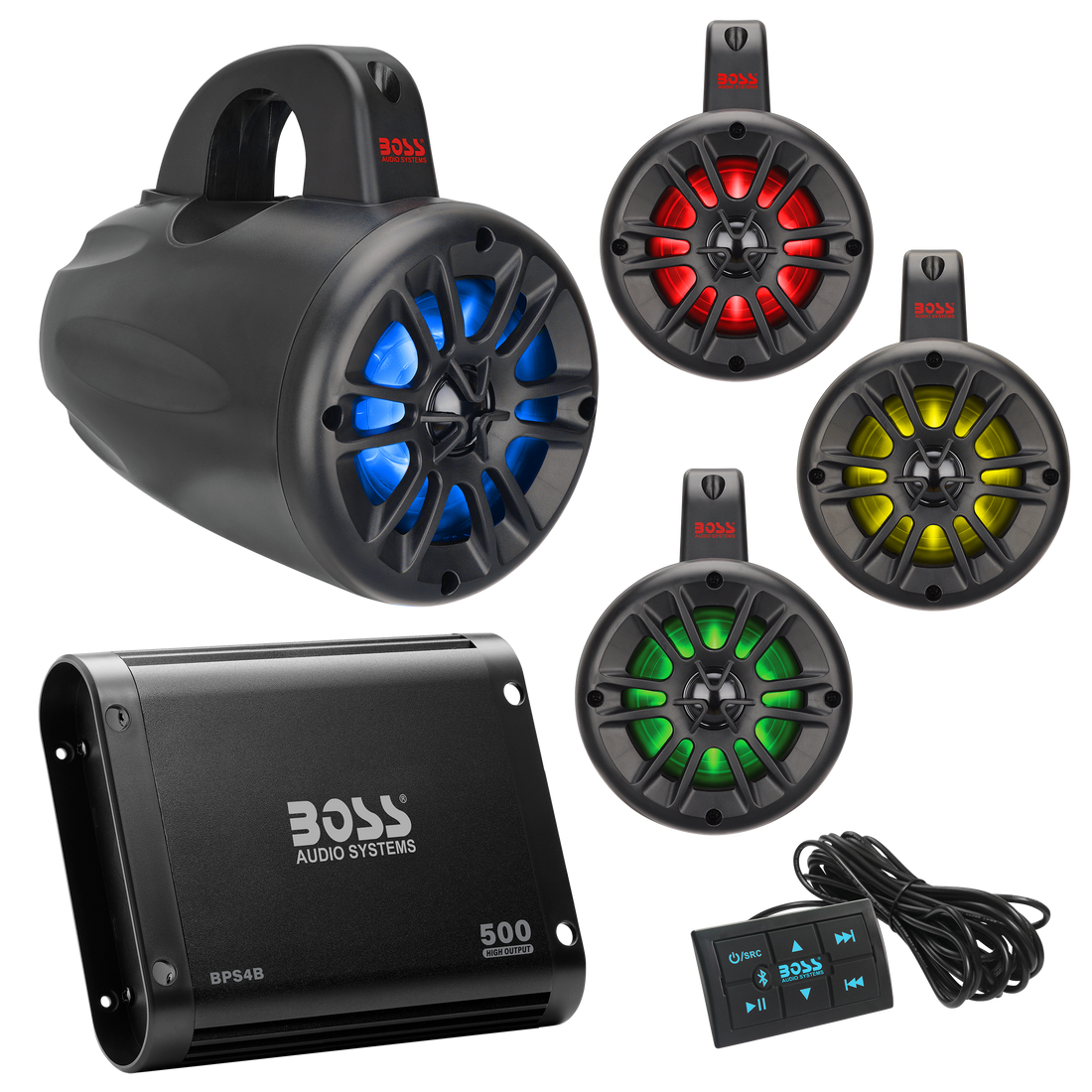 Boss Audio Systems UNI4RGB ATV/UTV Marine Audio Stereo System Package