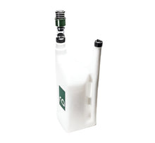 Load image into Gallery viewer, A semi-transparent white 6 gallon Radium Engineering quick fill dump can with a green cap and a black pour spout. Alternate Image