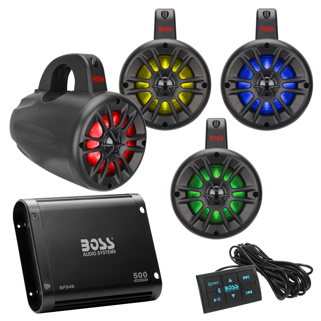 Boss Audio Systems UNI4RGB ATV/UTV Marine Audio Stereo System Package ...