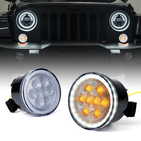 41.99 Xprite LED Amber Turn Signal Light Jeep Wrangler JK (2007-2018) with Halo DRL - Clear / Smoke - Redline360