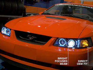 Raxiom Projector Headlights Ford Mustang SN95 (99-04) [Dual LED Halo] Black Housing/ Clear Lens