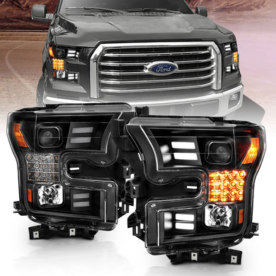 456.14 Anzo Projector Headlights Ford F150 (15-17) [w/ Plank Style Halo & Sequential Signal Light] Black or Chrome Housing - Redline360
