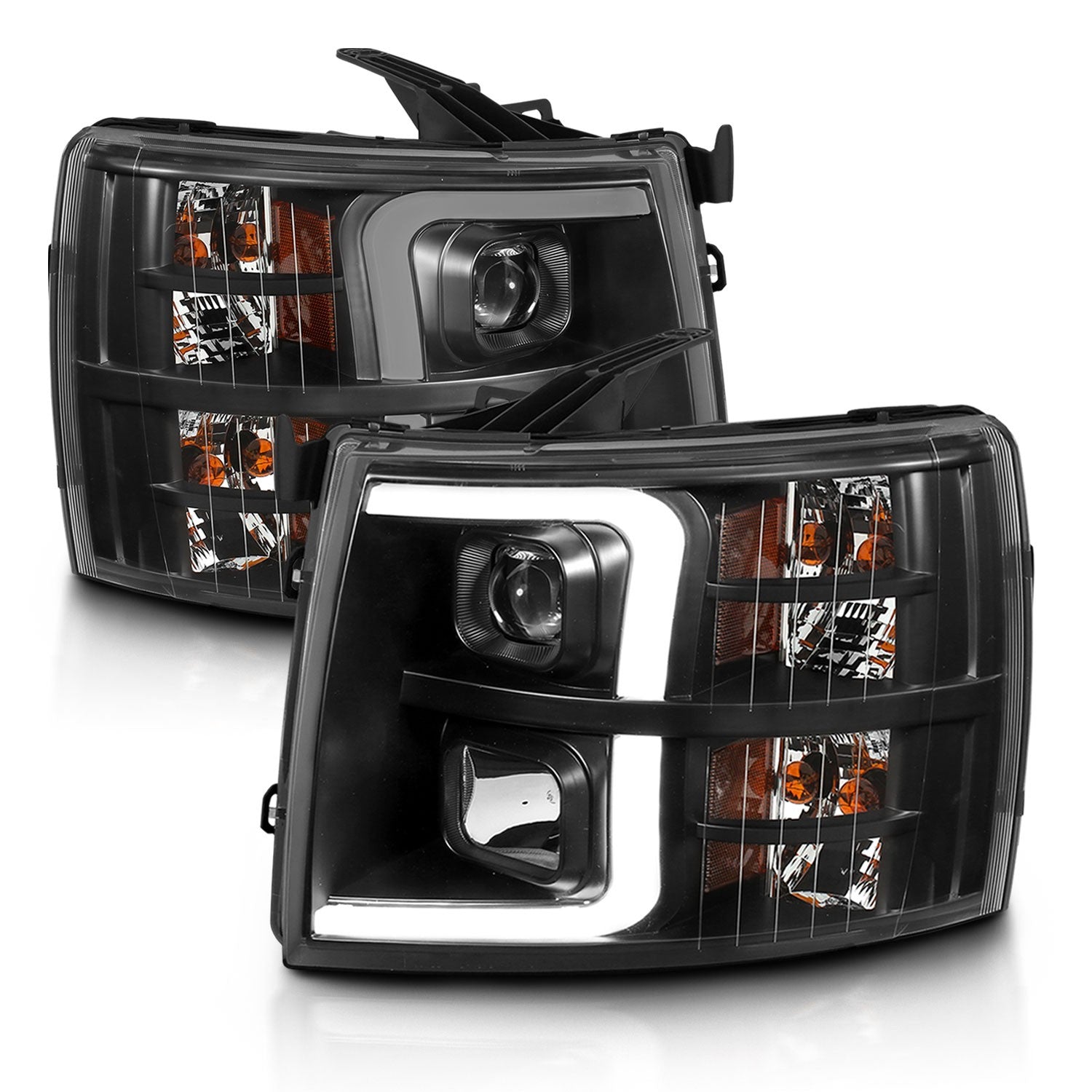 Anzo Projector Headlights Chevy Silverado 1500/2500/3500 (07-13) 1500  Hybrid (09-13) [w/ Plank Style Halo] Black or Chrome Housing