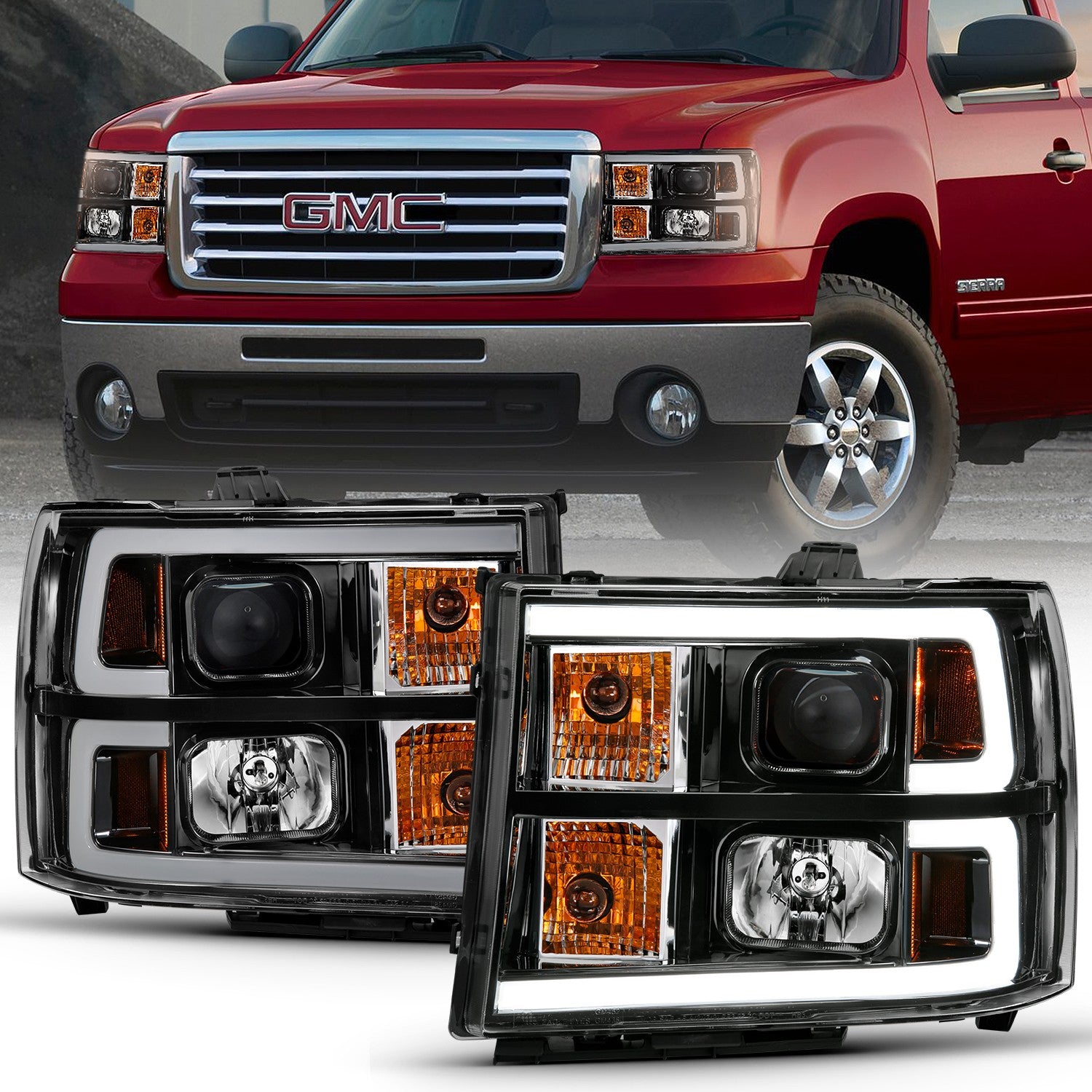 Anzo Projector Headlights GMC Sierra 1500 (07-13) 2500 / 3500 HD (07-14)  [w/ Plank Style Halo] Black or Chrome