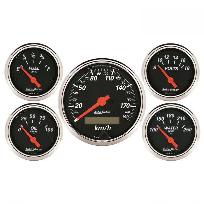 524.47 AutoMeter Designer Black 5 Piece Gauge Kit (Speedometer, Water Temperature, Oil Pressure, Fuel Level, Voltmeter 3-1/8