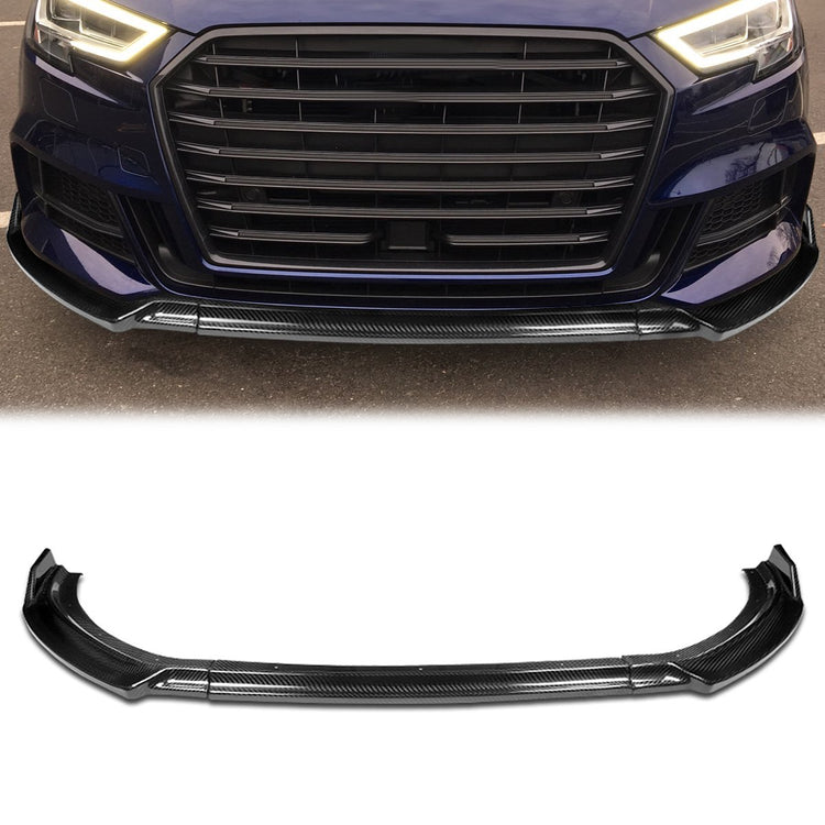 DNA Motoring 2-pu-686-r-rcf for 2017-2020 Audi A3/ S3 Gloss Black Carbon Fiber 3pcs Front Bumper Lips Guard Body Kit w/ Vertical Stabilizers 18 19