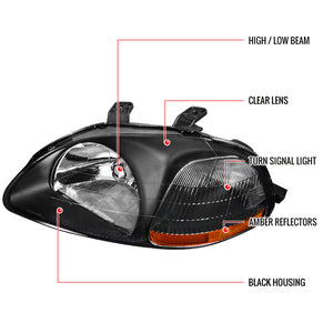 Black Housing Headlights For 1996-1998 Honda Civic (EK/EJ/EM) – Amber Reflector, Halogen, Direct Fit