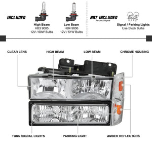 110.00 Spec-D OEM Replacement Headlights Chevy/GMC CK Pick Up Truck (88-93) w/ Bumper & Corner Lights -  Chrome or Black - Redline360