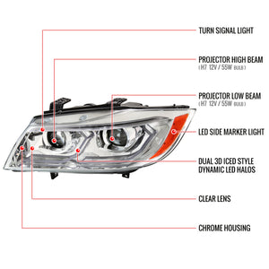 Spec-D Projector Headlights BMW 325i 330i 335i E90 Sedan (06-11) 3D Dual Iced LED - Black / Chrome / Tinted