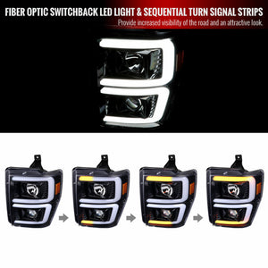Spec-D Projector Headlights Ford F250 F350 F450 (08-09-10) Switch Back Sequential LED C-Bar - Black / Smoke / Chrome