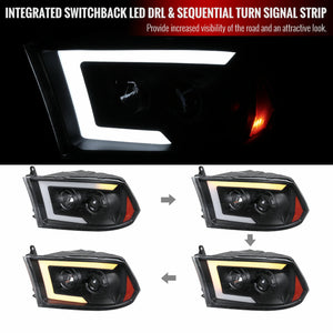 299.95 Spec-D Projector Headlights Dodge Ram (09-18) C-Bar LED Sequential Switchback - Black / Chrome - Redline360