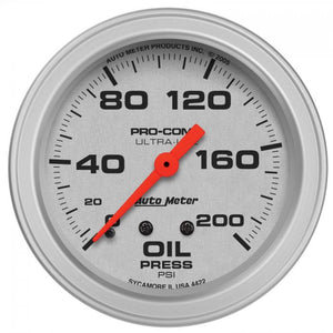 104.39 Autometer Ultra-Lite Mechanical Oil Pressure Gauge (2-5/8", 0-200 PSI) Monster Bezel Brushed Silver - 4422 - Redline360