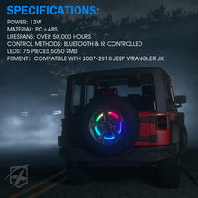Load image into Gallery viewer, Xprite Spare Tire RGB LED Brake Light Jeep Wrangler JK (2007-2018) JL (2018-2025) w/ Remote Control &amp; Bluetooth - TL-UNI-WHEEL-G3 - Default Title Alternate Image