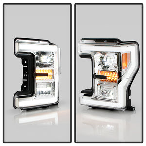 Xtune Full LED Headlights Ford F250 F350 Super Duty (17-19) [DRL Light Bar w/ Welcome Light Function - Halogen Model] Black or Chrome w/ Amber Corner Lights